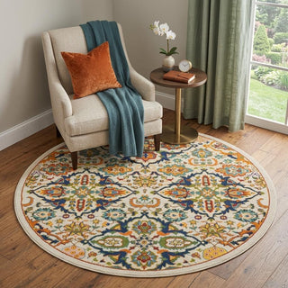 Home Outfitters 4' Ivory and Blue Round Floral Power Loom Area Rug