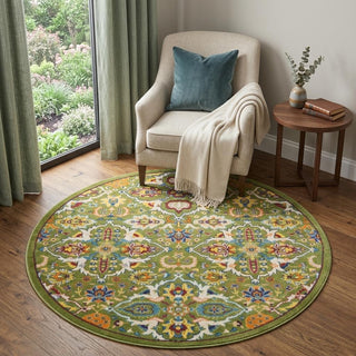 Home Outfitters 4' Green Yellow Blue and Red Round Floral Power Loom Area Rug