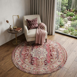 Home Outfitters 4' Ivory And Red Floral Distressed Round Rug