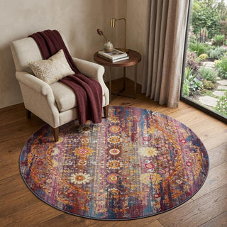 Home Outfitters 4' Blue Yellow And Red Floral Distressed Round Rug