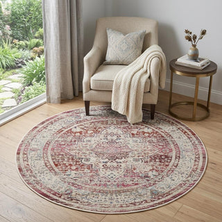 Home Outfitters 4' Ivory Red And Brown Floral Distressed Round Rug