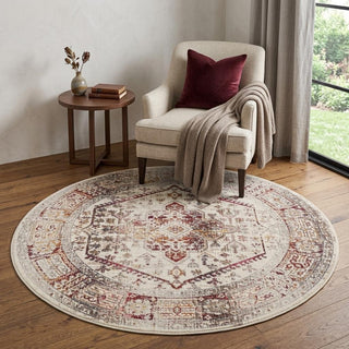 Home Outfitters 4' Ivory Red And Orange Floral Distressed Round Rug