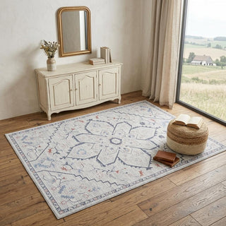 Home Outfitters 4' X 6' Ivory and Blue Floral Power Loom Area Rug