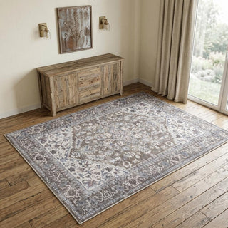 Home Outfitters 4' X 6' Green and Ivory Floral Medallion Power Loom Distressed Area Rug