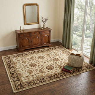 Home Outfitters 4' X 6' Ivory Brown and Gold Wool Oriental Hand Knotted Area Rug