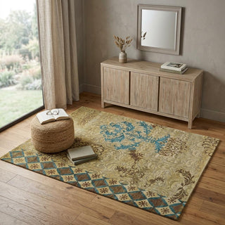 Home Outfitters 4' X 6' Tan Blue and Brown Floral Hand Knotted Area Rug