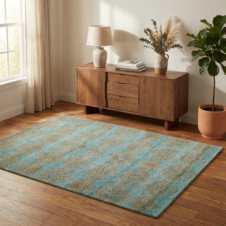 Home Outfitters 4' X 6' Green Blue and Taupe Floral Hand Knotted Worn Faded Area Rug