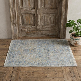 Home Outfitters 2' X 3' Gray Blue and Tan Abstract Hand Woven Distressed Area Rug With Fringe