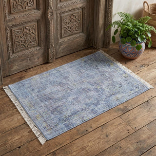 Home Outfitters 2' X 3' Blue and Ivory Abstract Hand Woven Distressed Area Rug With Fringe
