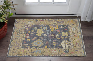 Home Outfitters 2' X 3' Gold Blue and Purple Wool Oriental Hand Knotted Area Rug With Fringe