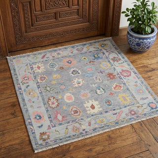 Home Outfitters 2' X 3' Gray Blue and Red Wool Oriental Hand Knotted Area Rug With Fringe
