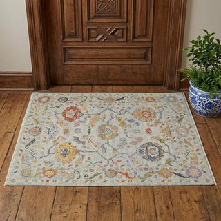 Home Outfitters 2' X 3' Gray Red and Yellow Wool Oriental Hand Knotted Area Rug With Fringe