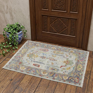 Home Outfitters 2' X 3' Gray Blue and Gold Wool Oriental Hand Knotted Area Rug With Fringe