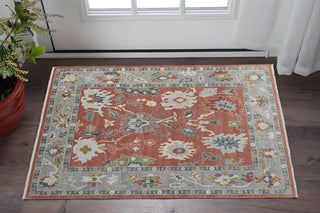Home Outfitters 2' X 3' Gray Red and Ivory Wool Floral Hand Knotted Area Rug With Fringe