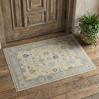 Home Outfitters 2' X 3' Gray Ivory and Blue Wool Floral Hand Knotted Area Rug With Fringe
