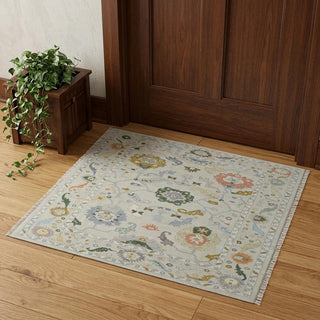 Home Outfitters 2' X 3' Gray Ivory and Gold Wool Floral Hand Knotted Area Rug With Fringe