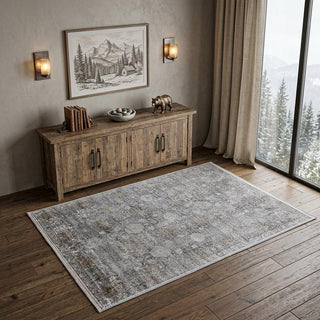 Home Outfitters 4' X 5' Gray and Silver Damask Power Loom Worn Faded Area Rug