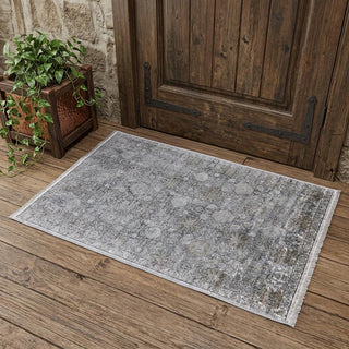 Home Outfitters 2' X 3' Gray and Silver Damask Power Loom Worn Faded Area Rug