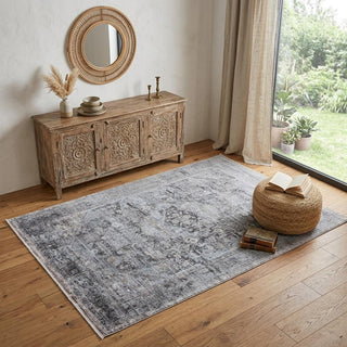 Home Outfitters 4' X 5' Gray and Silver Oriental Power Loom Worn Faded Area Rug