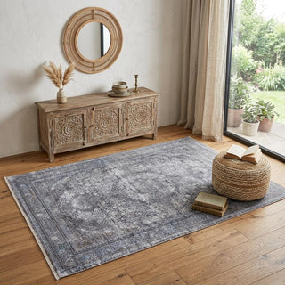 Home Outfitters 4' X 5' Gray and Silver Oriental Power Loom Worn Faded Area Rug