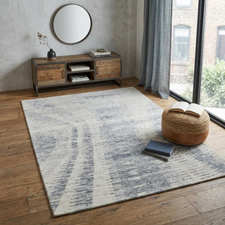 Home Outfitters 4' X 6' Ivory Gray and Blue Abstract Hand Knotted Worn Faded Area Rug