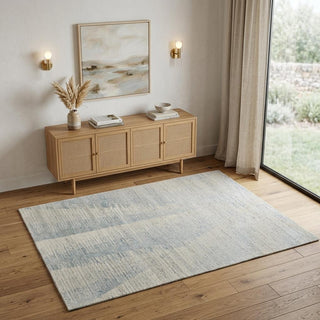 Home Outfitters 4' X 6' Ivory and Blue Abstract Hand Knotted Worn Faded Area Rug