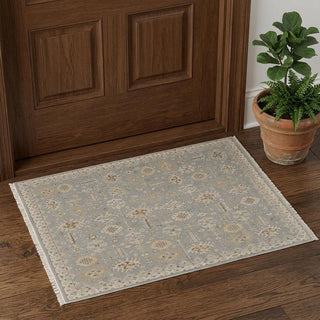 Home Outfitters 2' X 3' Gray and Ivory Wool Oriental Hand Knotted Area Rug With Fringe