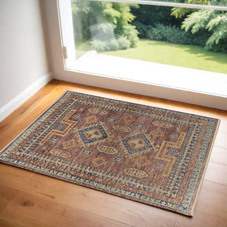 Home Outfitters 2' X 3' Blue Red and Tan Wool Geometric Hand Knotted Area Rug With Fringe