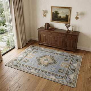 Home Outfitters 4' X 6' Ivory Tan and Blue Wool Oriental Hand Knotted Area Rug With Fringe