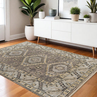 Home Outfitters 4' X 6' Gray and Brown Wool Geometric Hand Knotted Area Rug With Fringe