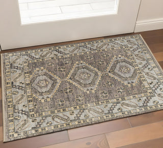 Home Outfitters 2' X 3' Gray and Brown Wool Geometric Hand Knotted Area Rug With Fringe