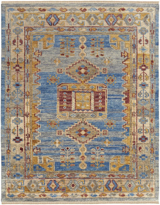 Home Outfitters 4' X 6' Blue Red and Yellow Wool Geometric Hand Knotted Area Rug With Fringe