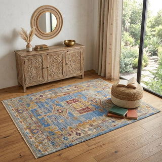 Home Outfitters 4' X 6' Blue Red and Yellow Wool Geometric Hand Knotted Area Rug With Fringe
