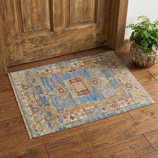 Home Outfitters 2' X 3' Blue Red and Yellow Wool Geometric Hand Knotted Area Rug With Fringe