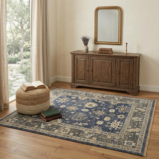 Home Outfitters 4' X 6' Blue and Gray Wool Floral Hand Knotted Area Rug With Fringe