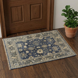 Home Outfitters 2' X 3' Blue and Gray Wool Floral Hand Knotted Area Rug With Fringe