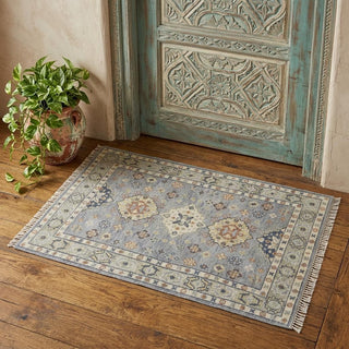 Home Outfitters 2' X 3' Gray Blue and Taupe Wool Geometric Hand Knotted Area Rug With Fringe