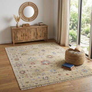 Home Outfitters 4' X 6' Tan Brown and Blue Wool Floral Hand Knotted Area Rug With Fringe