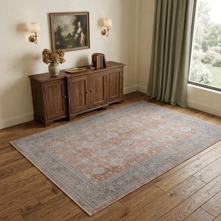 Home Outfitters 4' X 5' Blue and Red Oriental Power Loom Worn Faded Area Rug With Fringe
