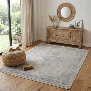 Home Outfitters 4' X 5' Gray Blue and Taupe Oriental Power Loom Worn Faded Area Rug With Fringe
