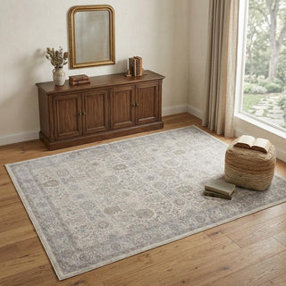Home Outfitters 4' X 5' Gray and Ivory Oriental Power Loom Worn Faded Area Rug With Fringe