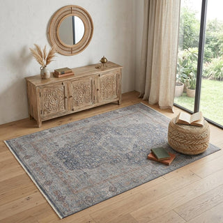 Home Outfitters 4' X 5' Gray Blue and Red Oriental Power Loom Worn Faded Area Rug With Fringe