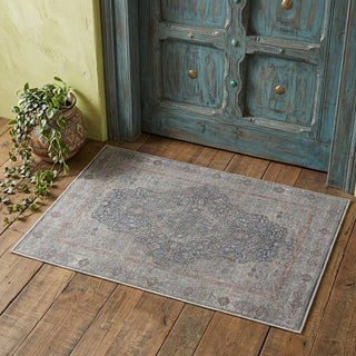 Home Outfitters 2' X 3' Gray Blue and Red Oriental Power Loom Worn Faded Area Rug With Fringe