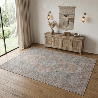 Home Outfitters 4' X 5' Gray Ivory and Orange Oriental Power Loom Worn Faded Area Rug With Fringe