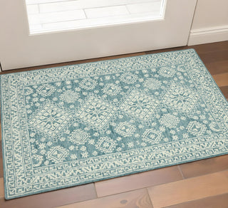 Home Outfitters 2' X 3' Aqua And Ivory Wool Oriental Hand Hooked Area Rug
