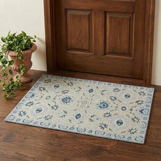Home Outfitters 2' X 3' Gray Dark Blue And Light Blue Wool Floral Medallion Hand Hooked Area Rug