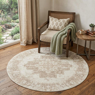 Home Outfitters 4' Ivory Floral Power Loom Worn Faded Round Rug