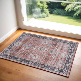 Home Outfitters 2' X 3' Brick Red and Black Oriental Distressed Non Skid Area Rug