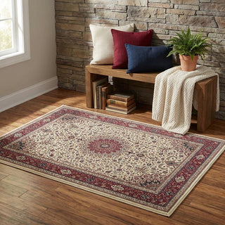 Home Outfitters 4' X 6' Ivory Red and Blue Oriental Area Rug
