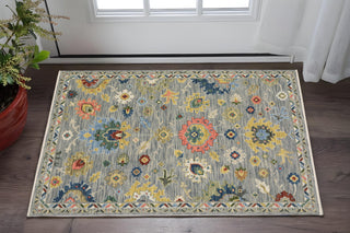 Home Outfitters 2' X 3' Gray Blue And Yellow Oriental Area Rug With Fringe